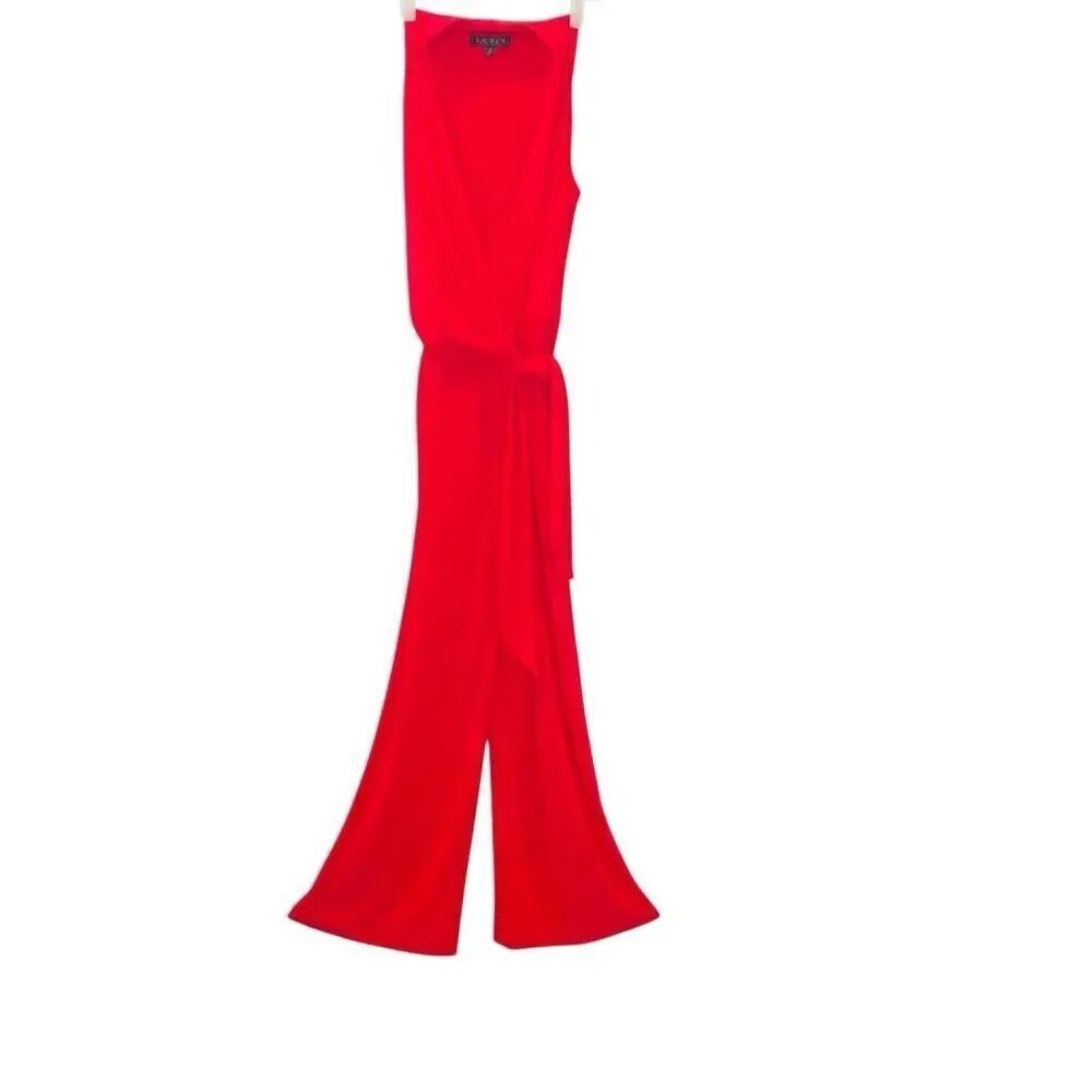Lauren Ralph Lauren Sleeveless Faux Wrap Wide Leg Jumpsuit Coral Red Size 2